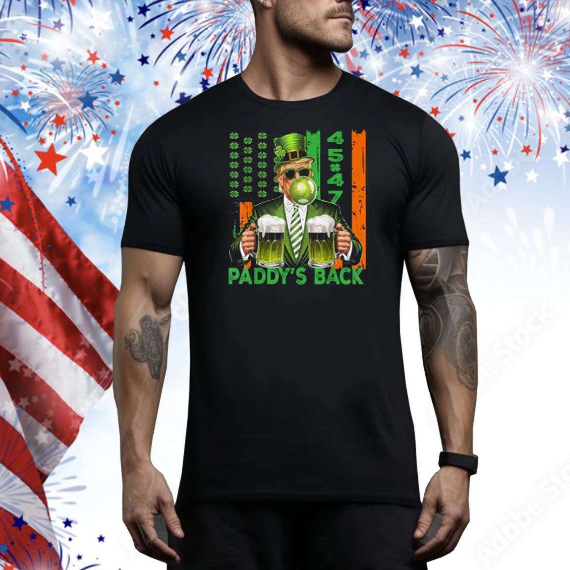 Funny Trump Paddy's Back 45 47 St Patricks Day USA Flag Tee Shirt