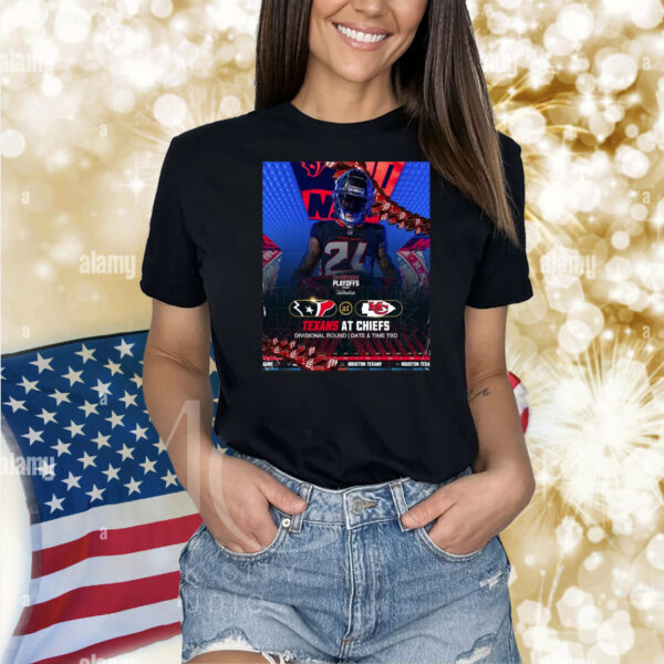 Official Poster Derek Stingley Jr. Houston Texans At Kansas City Chiefs Divisional Round Date And Time TBD H-Town Made NFL Playoffs 2024 Shirt