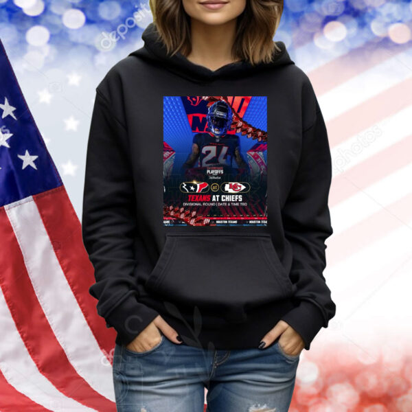 Official Poster Derek Stingley Jr. Houston Texans At Kansas City Chiefs Divisional Round Date And Time TBD H-Town Made NFL Playoffs 2024 Shirt