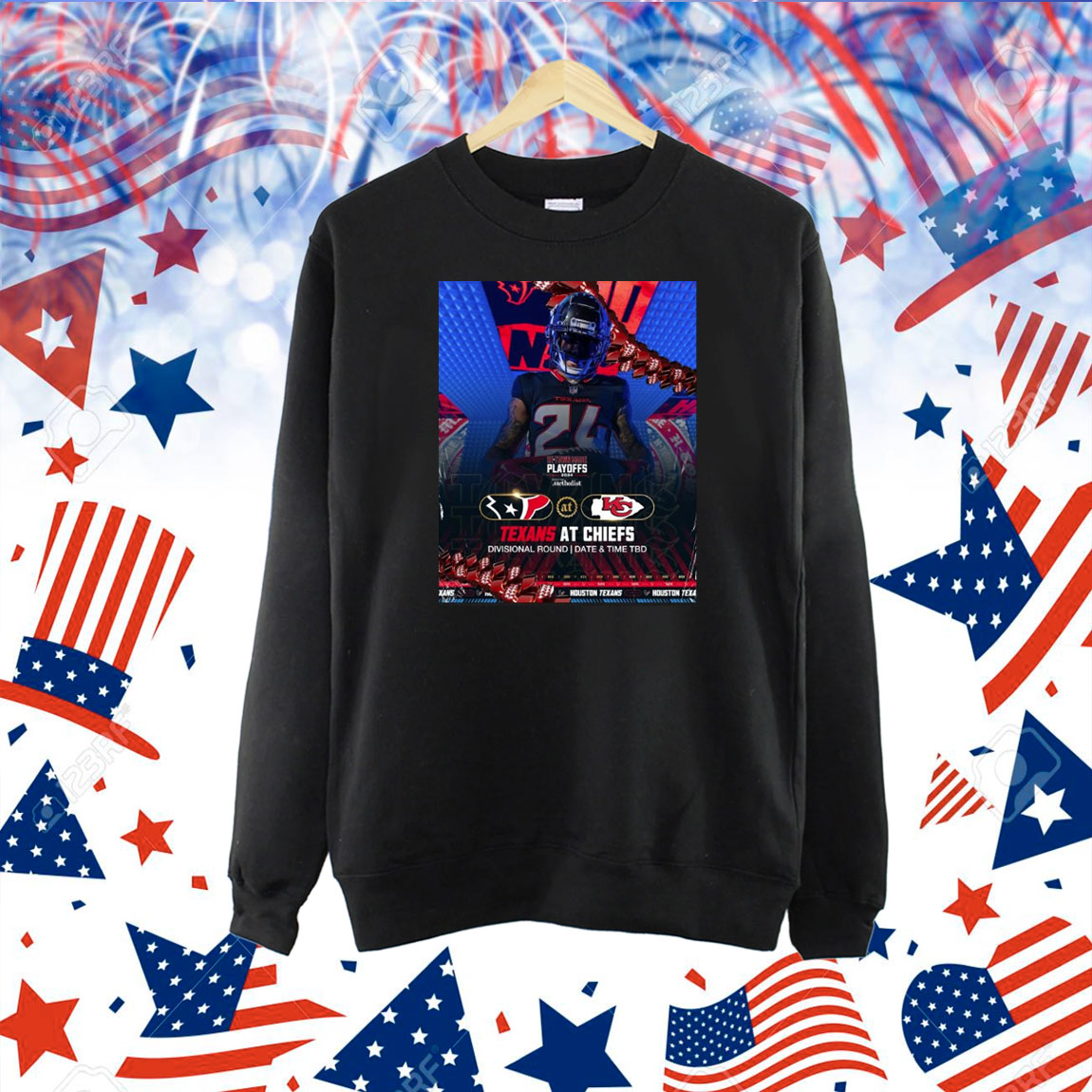 Official Poster Derek Stingley Jr. Houston Texans At Kansas City Chiefs Divisional Round Date And Time TBD H-Town Made NFL Playoffs 2024 Shirt