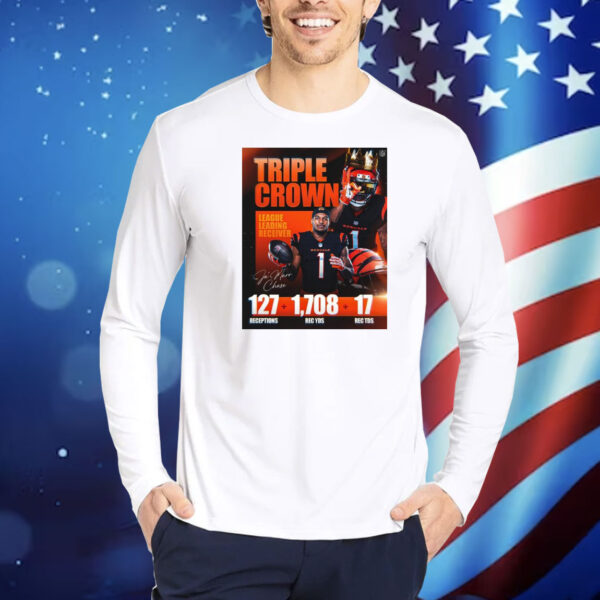 Official Poster Ja’Marr Chase Triple Crown League Leading Receiver 127 Receptions 1708 Rec YDs 17 Rec TDs Signature Shirt