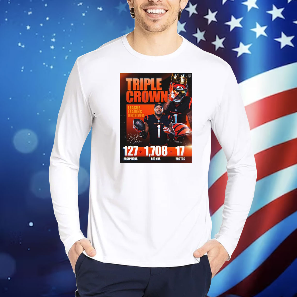 Official Poster Ja’Marr Chase Triple Crown League Leading Receiver 127 Receptions 1708 Rec YDs 17 Rec TDs Signature Shirt