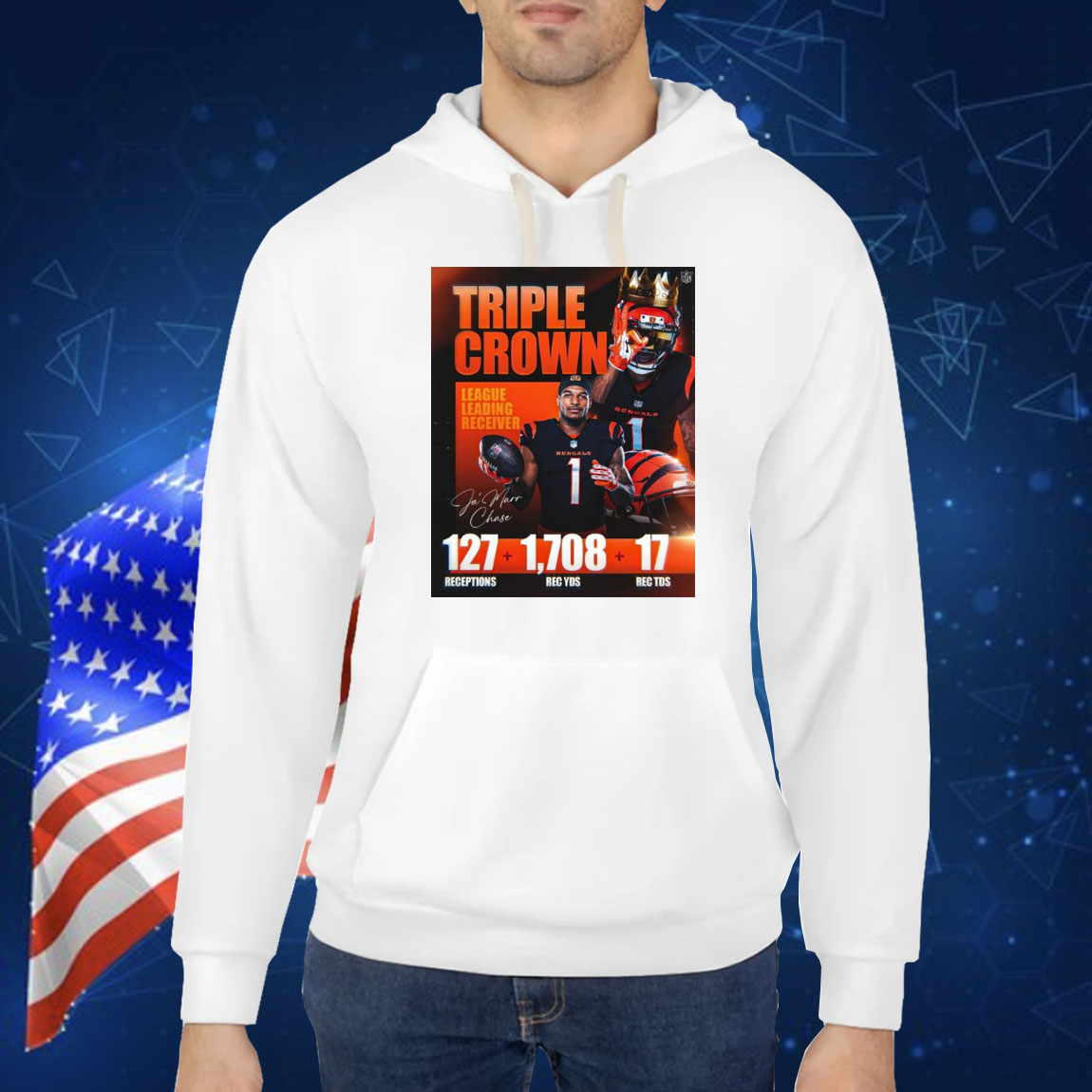 Official Poster Ja’Marr Chase Triple Crown League Leading Receiver 127 Receptions 1708 Rec YDs 17 Rec TDs Signature Shirt